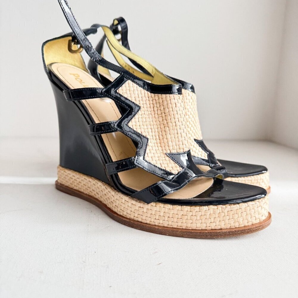 Pollini Raffia Patent Leather Navy Blue Wedge Summer Heels 40 - Picture 2 of 8